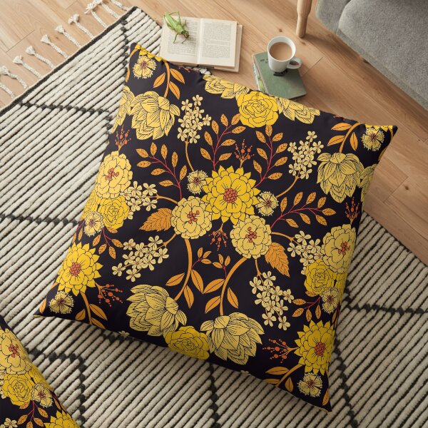 Yellow, Orange & Navy Blue Dark Floral Pattern Floor Pillow