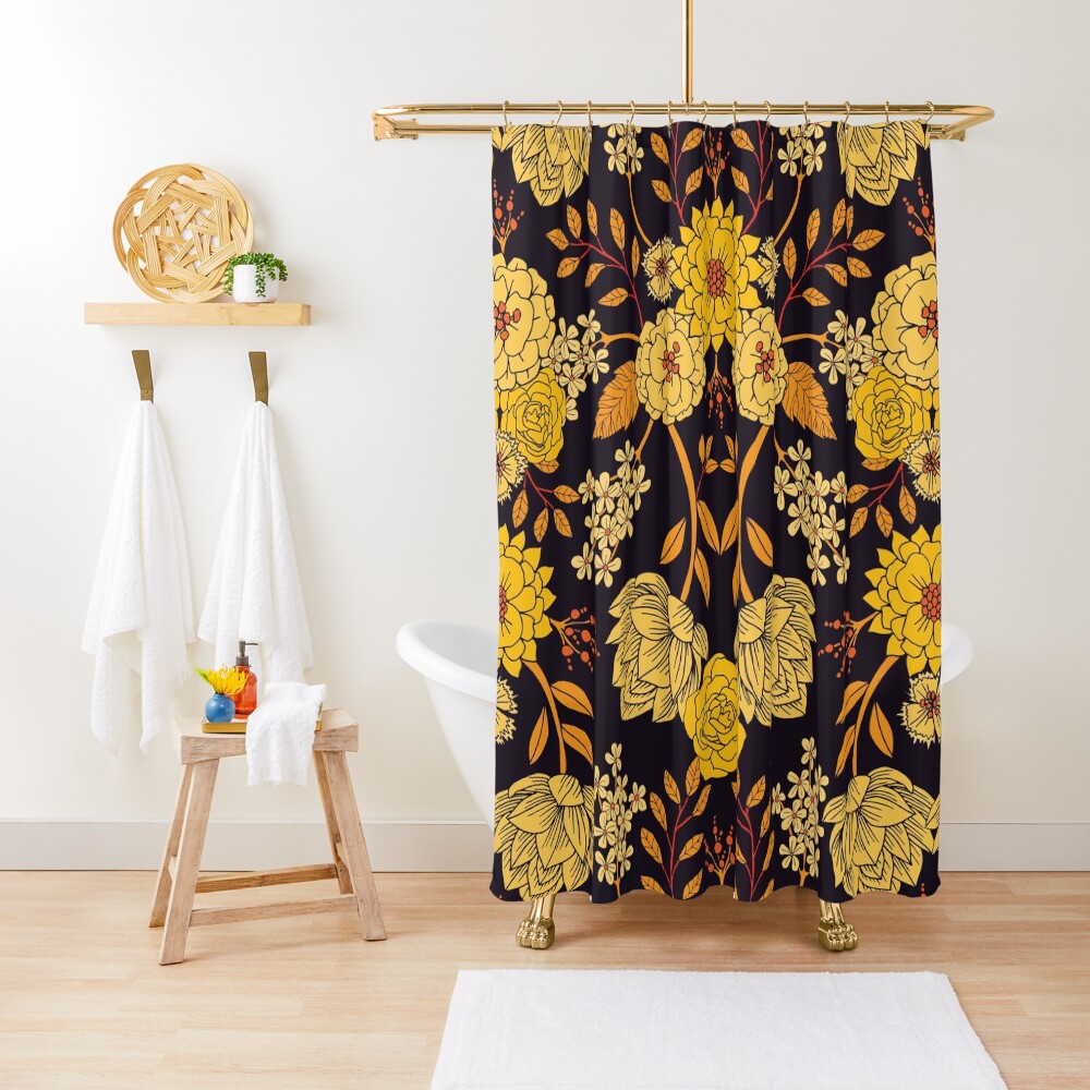 "Yellow, Orange & Navy Blue Dark Floral Pattern" Shower Curtain for Sale by somecallmebeth