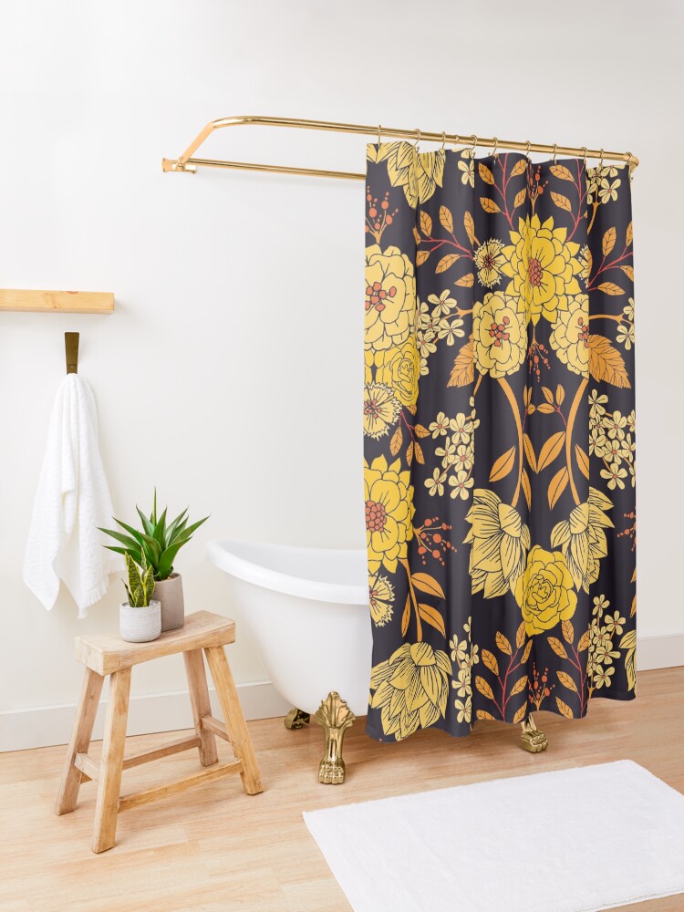 "Yellow, Orange & Navy Blue Dark Floral Pattern" Shower Curtain for