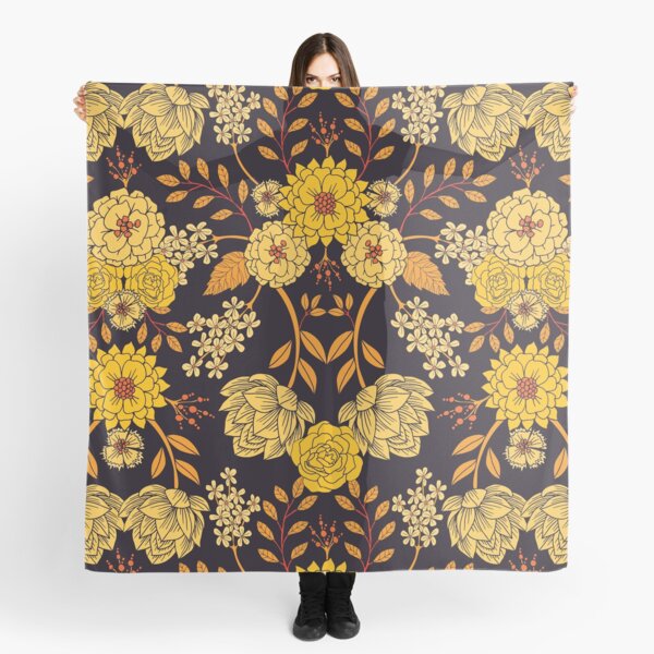 Aperçu de l'œuvre Motif floral foncé jaune, orange et bleu marine créée et vendue par somecallmebeth.