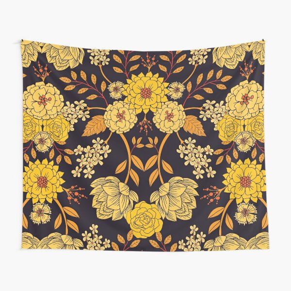 Discover Yellow, Orange & Navy Blue Dark Floral Pattern Tapestry
