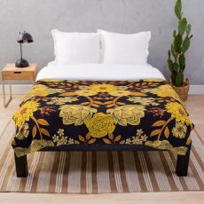 Yellow, Orange & Navy Blue Dark Floral Pattern Throw Blanket