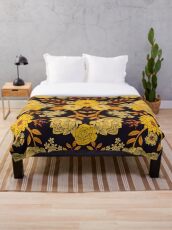 Yellow, Orange & Navy Blue Dark Floral Pattern Throw Blanket