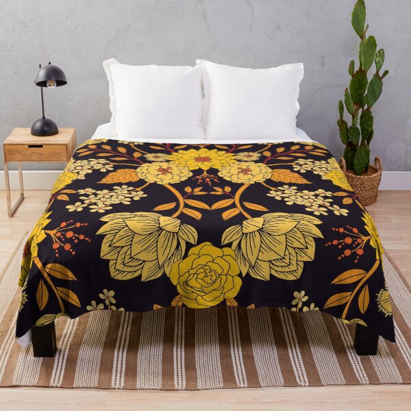 Yellow, Orange & Navy Blue Dark Floral Pattern Throw Blanket