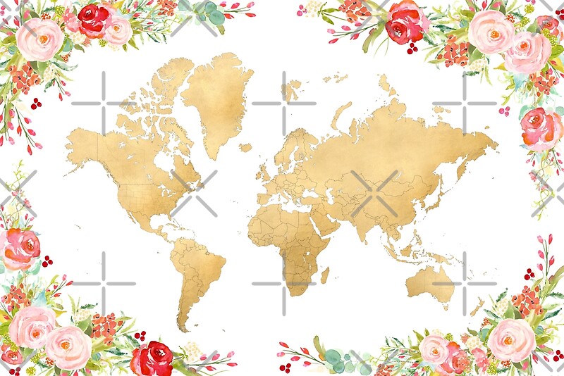 Floral And Gold World Map Without Labels By Blursbyai Redbubble