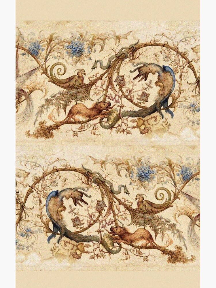 FANTASTIC ANIMALS Medieval Bestiary and Floral Swirls Antique Brown Parchment by BulganLumini