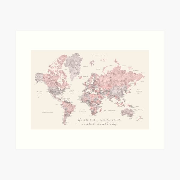 Vista previa del artículo con la obra «Desnudo, polvoriento mapamundi rosa y gris con ciudades, no pequeños sueños, "Kaia"», diseñado y vendido por blursbyai.