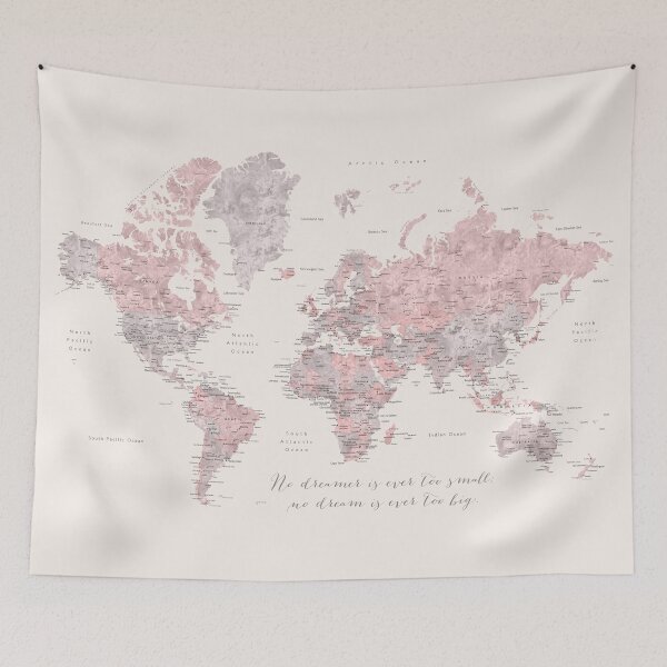 Item preview, Nude, dusty pink and grey world map with cities, No small dreams, "Kaia" designed and sold by blursbyai.