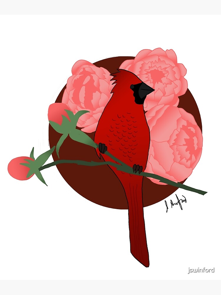 Indiana State Bird Art Print Indiana Cardinal and Peony 