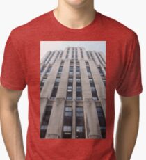 High-rise building, building, architecture, skyscraper, city, office, business, glass, sky, urban, tall, tower, windows, buildings, window, blue, facade, downtown, high, reflection, exterior Tri-blend T-Shirt