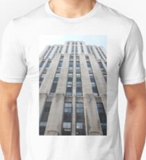 High-rise building, building, architecture, skyscraper, city, office, business, glass, sky, urban, tall, tower, windows, buildings, window, blue, facade, downtown, high, reflection, exterior Unisex T-Shirt