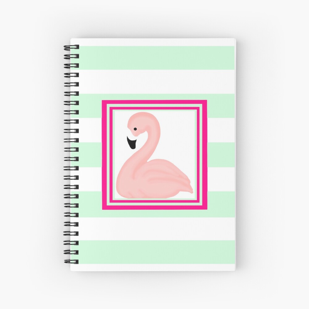 Pink Flamingo Tropical Mint Green Stripes Spiral Notebook