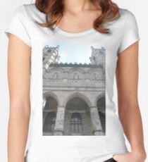 Notre-Dame Basilica, architecture, church, cathedral, building, religion, basilica, landmark, detail, old, city, gothic, stone, ancient, travel, arch, facade, medieval, monument, historic, sculpture Women's Fitted Scoop T-Shirt