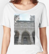 Notre-Dame Basilica, architecture, church, cathedral, building, religion, basilica, landmark, detail, old, city, gothic, stone, ancient, travel, arch, facade, medieval, monument, historic, sculpture Women's Relaxed Fit T-Shirt