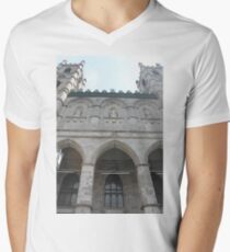 Notre-Dame Basilica, architecture, church, cathedral, building, religion, basilica, landmark, detail, old, city, gothic, stone, ancient, travel, arch, facade, medieval, monument, historic, sculpture Men's V-Neck T-Shirt