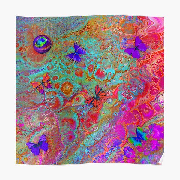 Rainbow Butterfly Pour Turquoise Poster