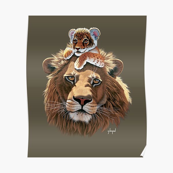 Father Lion and Lion Cub, male lion Poster