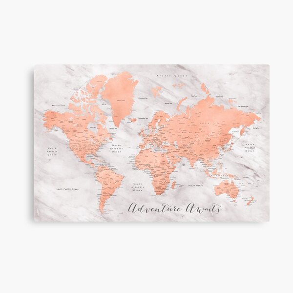 Rose Gold World Map Canvas Rose Gold And Marble World Map With Cities, "Janine"" Canvas Print By  Blursbyai | Redbubble