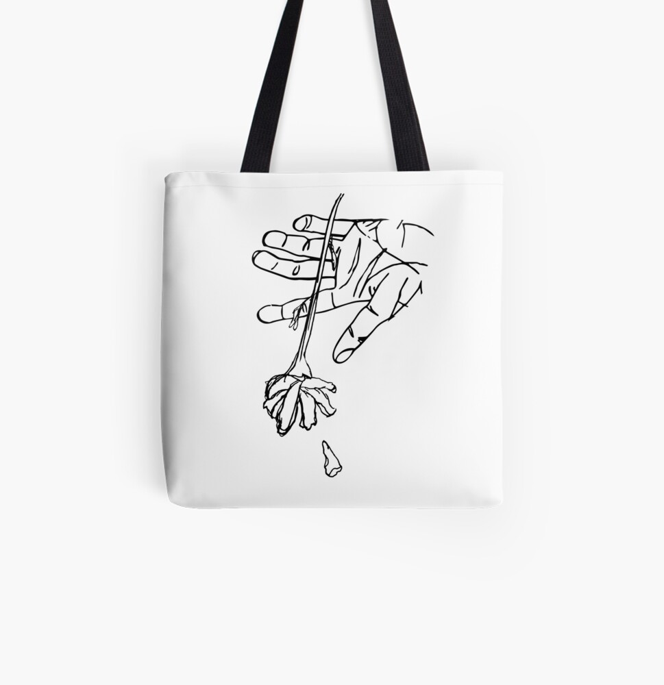 Black Flower Embossing Leather Tote Bags Hand-Drawn Illustration