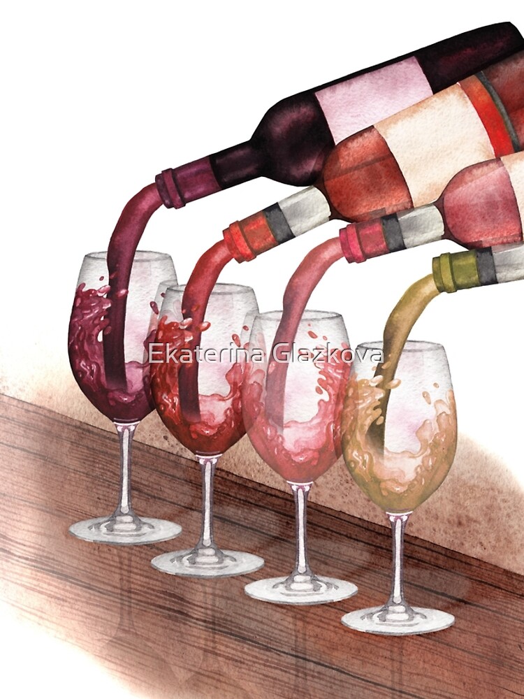 Watercolor Red White And Rose Wines Pouring From Bottles Into Glasses Standing On A Wooden