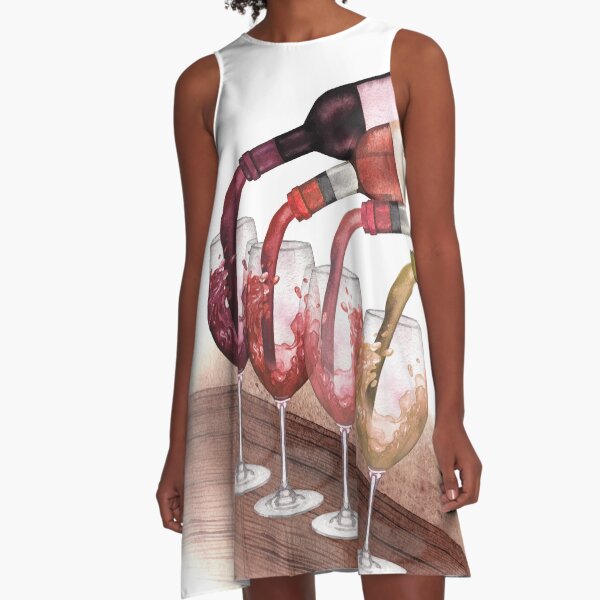 Watercolor red, white and rose wines pouring from bottles into glasses standing on a wooden table A-Line Dress