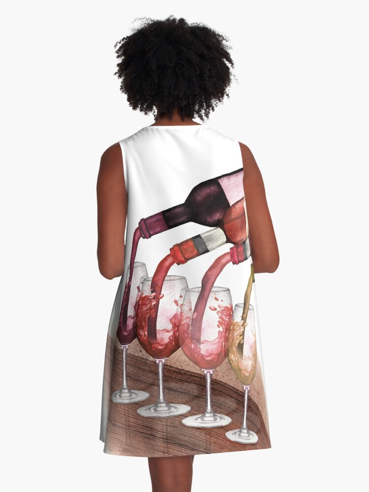 Thumbnail 3 of 4, A-Line Dress, Watercolor red, white and rose wines pouring from bottles into glasses standing on a wooden table designed and sold by Ekaterina Glazkova.