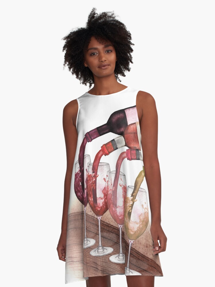 Thumbnail 1 of 4, A-Line Dress, Watercolor red, white and rose wines pouring from bottles into glasses standing on a wooden table designed and sold by Ekaterina Glazkova.