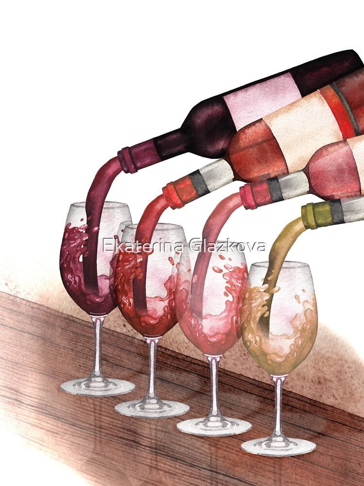Thumbnail 4 of 4, A-Line Dress, Watercolor red, white and rose wines pouring from bottles into glasses standing on a wooden table designed and sold by Ekaterina Glazkova.