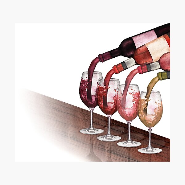 Watercolor red, white and rose wines pouring from bottles into glasses standing on a wooden table Photographic Print