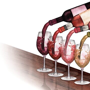 Artwork thumbnail, Watercolor red, white and rose wines pouring from bottles into glasses standing on a wooden table by Glazkova