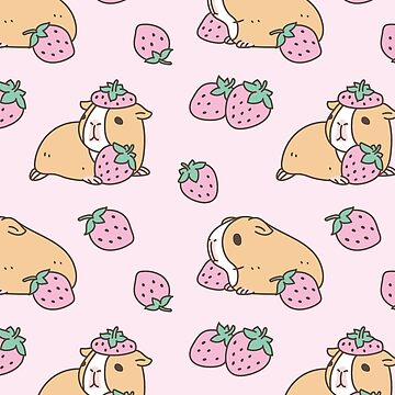 Artwork thumbnail, Pink Guinea Pig and Strawberry Pattern  by Miri-Noristudio