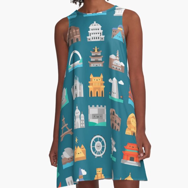 CUTE FAMOUS MONUMENTS PATTERN A-Line Dress
