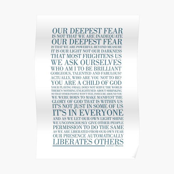 Our deepest fear by Marianne Williamson (Teal) Poster