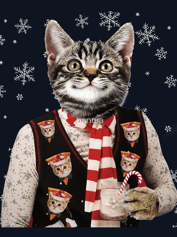 Hipster Cat Wearing Ugly Christmas Sweater With Pizza Cats On It