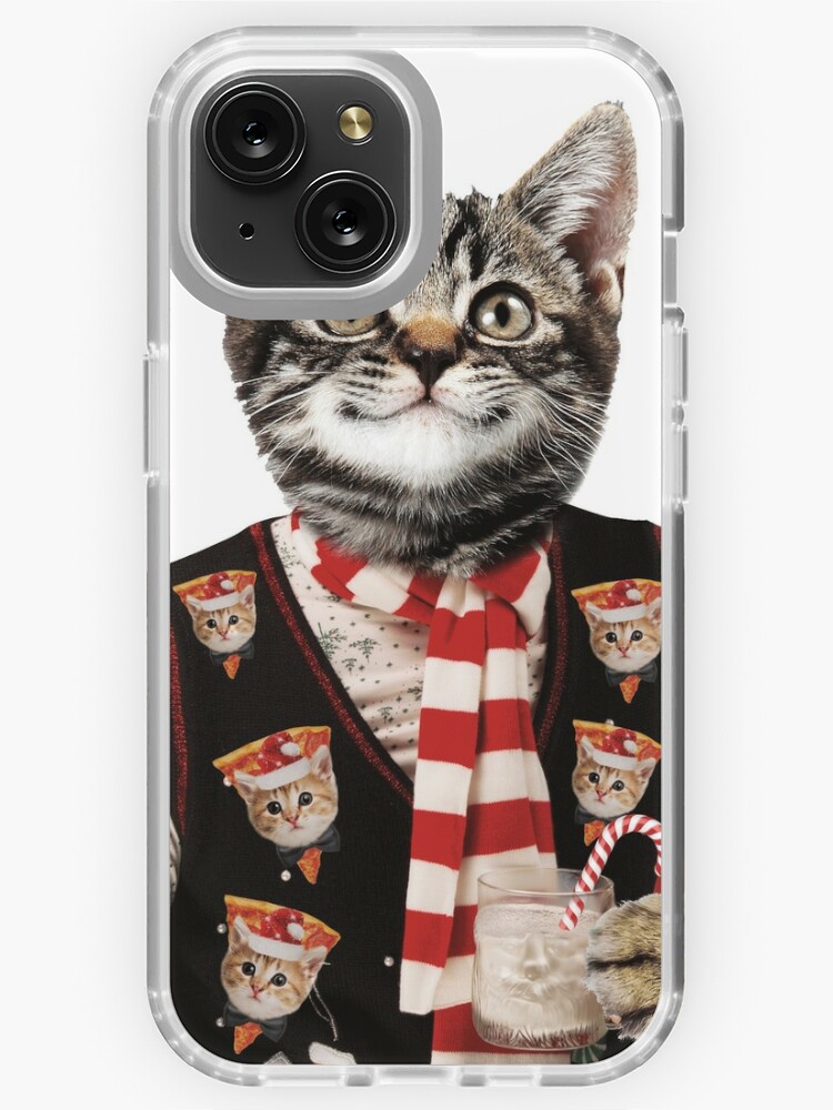 Hipster Cat Wearing Ugly Christmas Sweater With Pizza Cats On It  iPhone  Case for Sale by banwa