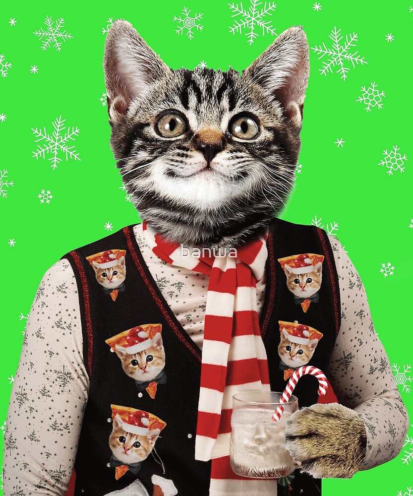 Chat De Hipster Portant Un Pull De Noel Laid Avec Des Chats De Pizza Dessus Par Banwa Redbubble