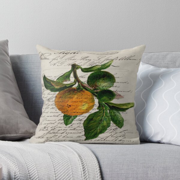 scripts Shabby French botanical print mandarin orange Throw Pillow