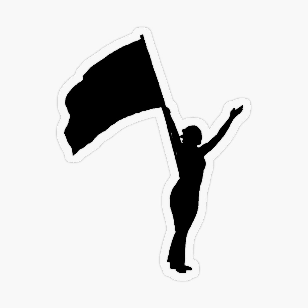 Silhouette of a Color Guard performer with a flag raised overhead