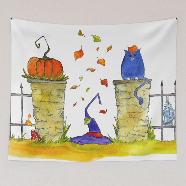 Item preview, Watercolor illustration. Halloween. Witch's hat, pumpkin, big cat, autumn/fall leaves designed and sold by rusmashart.