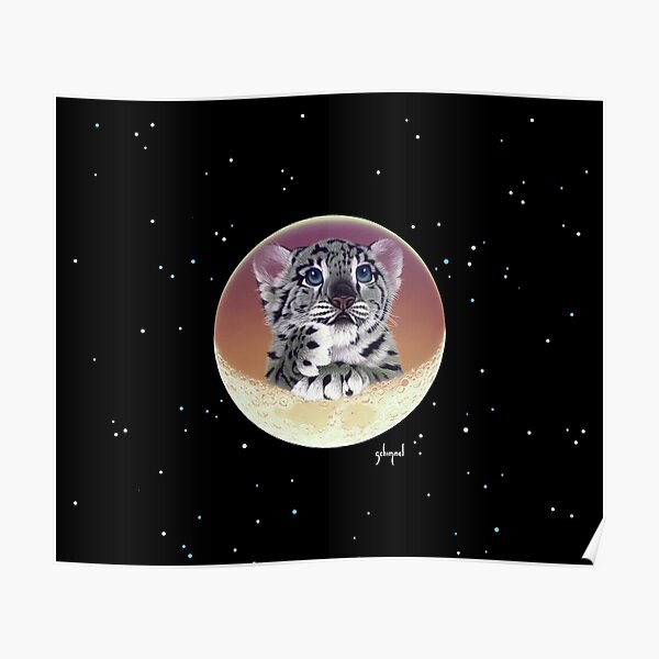 Baby Snow Leopard Cub On Moon Poster