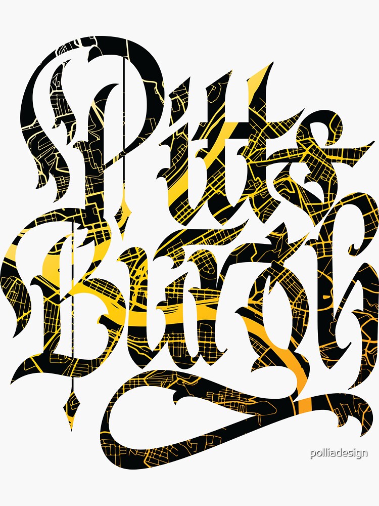 "Pittsburgh Map Black And Yellow Calligraphy" Sticker By Polliadesign ...