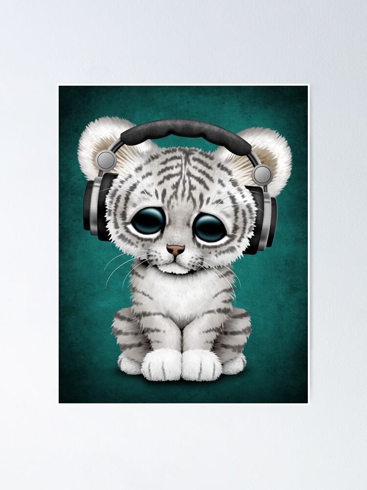 Poster Mignon Bebe Tigre Blanc Deejay Portant Des Ecouteurs Par Jeffbartels Redbubble