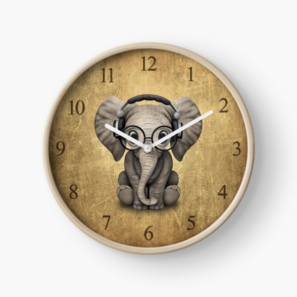 Cute Baby Elephant Dj Wearing Headphones and Glasses Clock