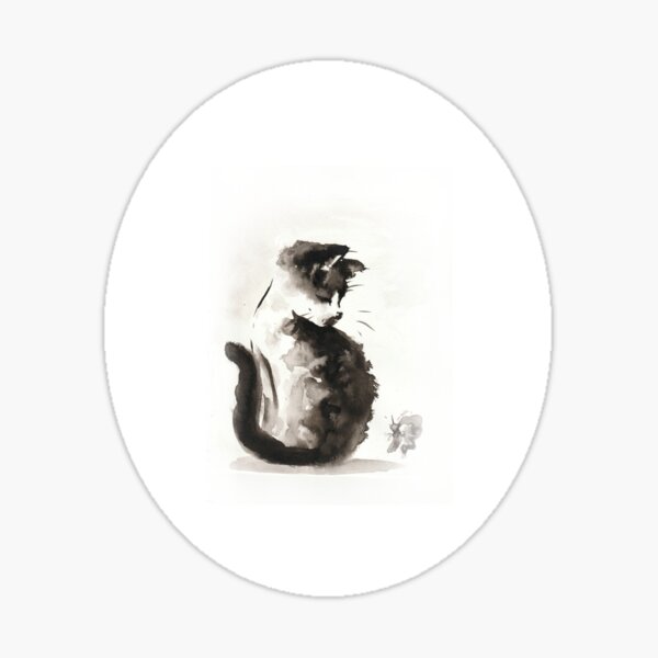 petit chat chaton mignon papillon noir et blanc original painting art style japonais encre de chine peint à la main Sticker