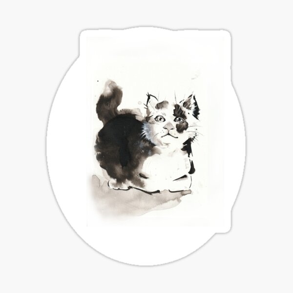 petit chat chaton mignon papillon noir et blanc art style japonais encre de chine oeuvre réalisé à la main  Sticker