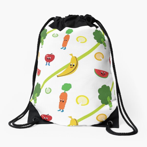 Happy cute fruits and vegetables with big eyes and boots Drawstring Bag