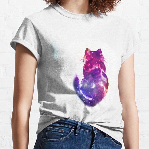 chat mignon nuit galaxy coloré nuit dos cat night cute aquarelle original art style japonais T-shirt classique