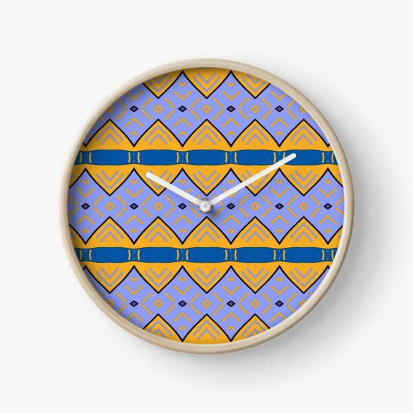 Motif tribal, bleu et jaune Horloge