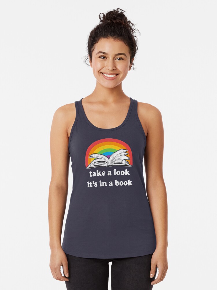 Thumbnail 1 of 3, Racerback Tank Top, Take a look, its in a book - Retro inspired Reading Rainbow designed and sold by KellyDesignCo.