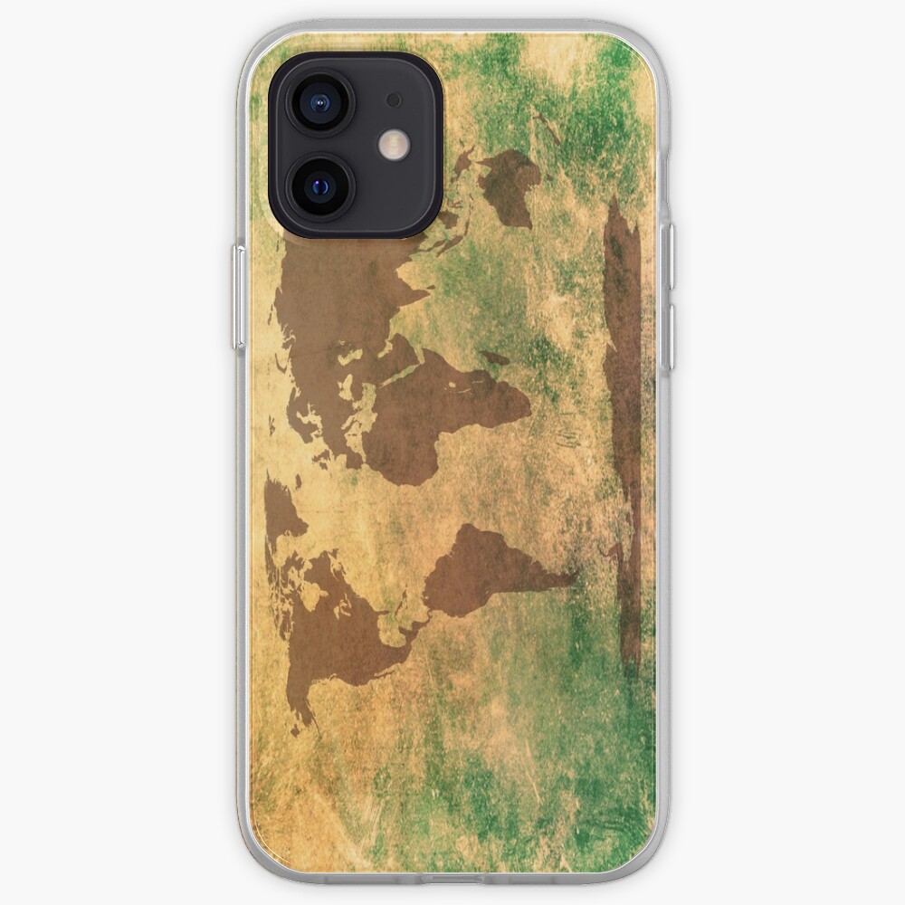 World map in brown on a scratched green/brownish background iPhone Case & Cover